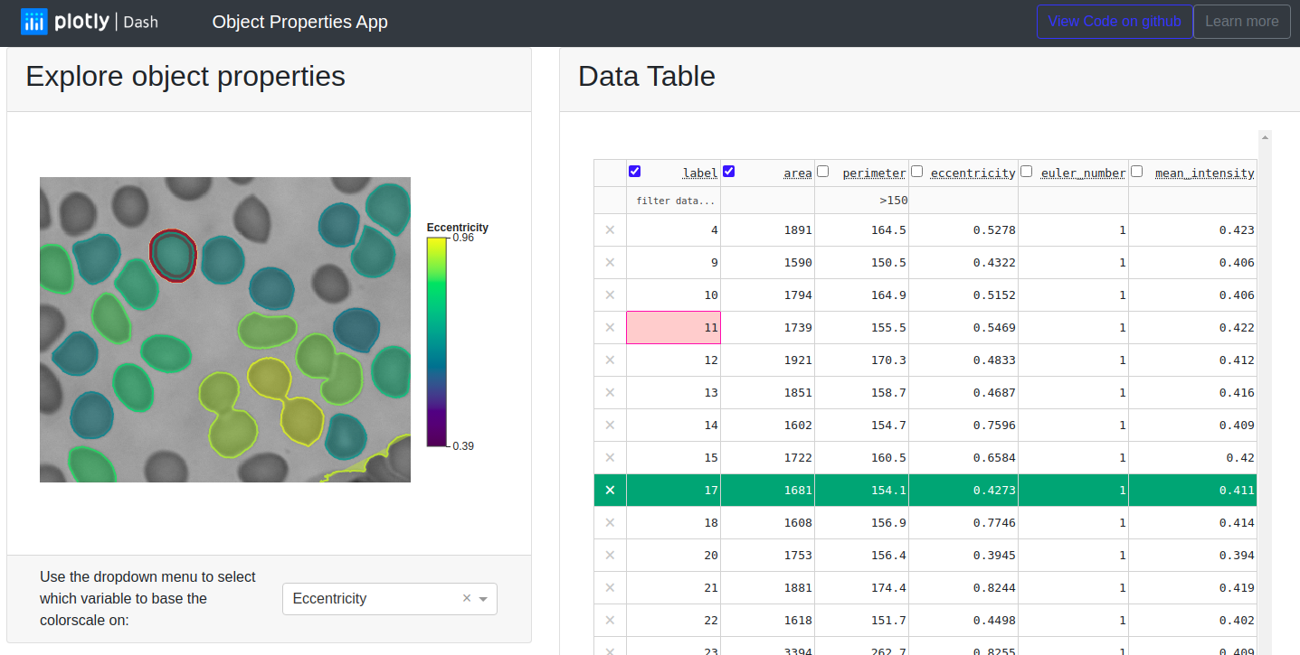 Screenshot of region properties app